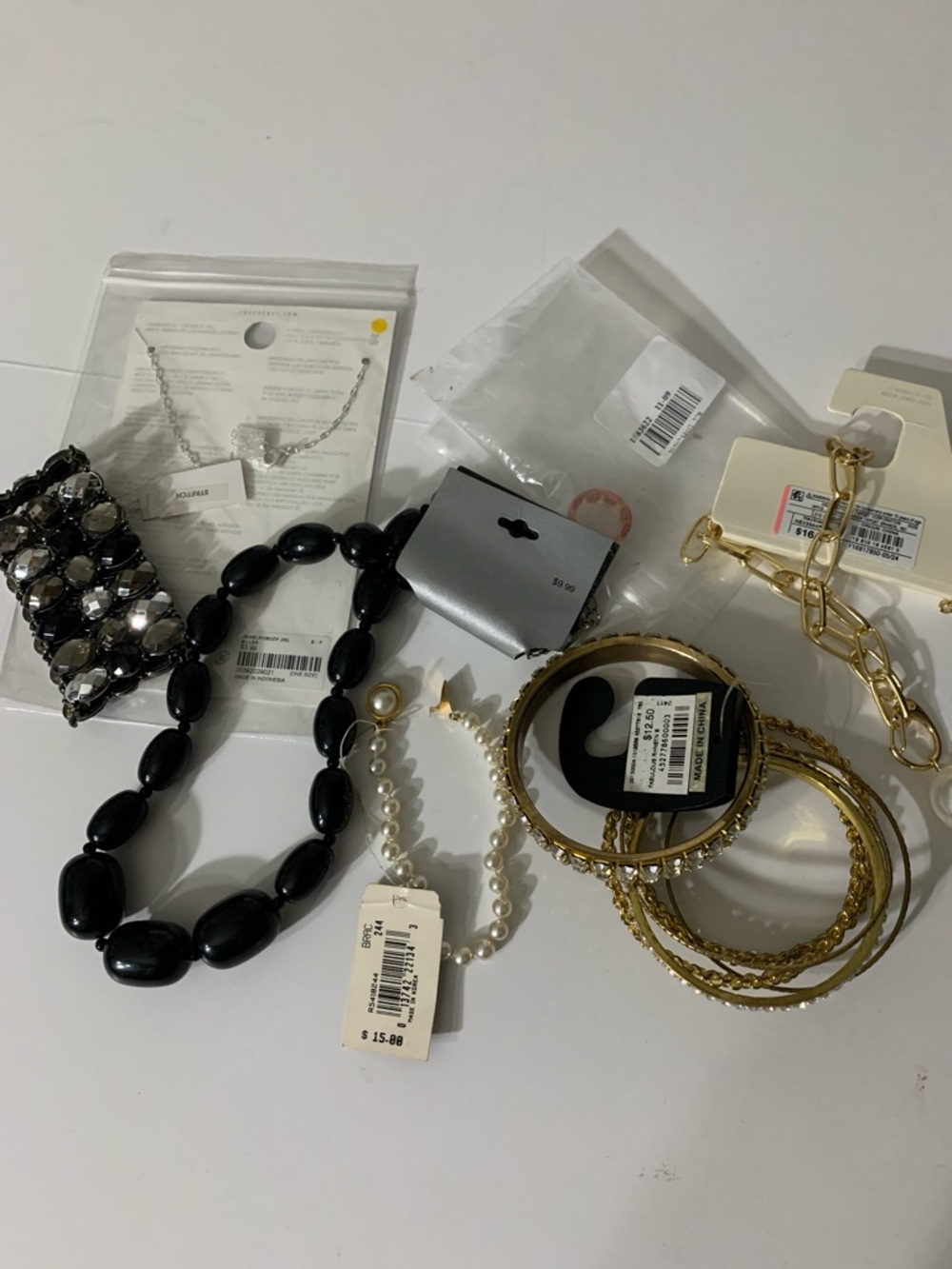 Classic Black Bead Necklace with Pearl Accent and Gold-Tone Bangles